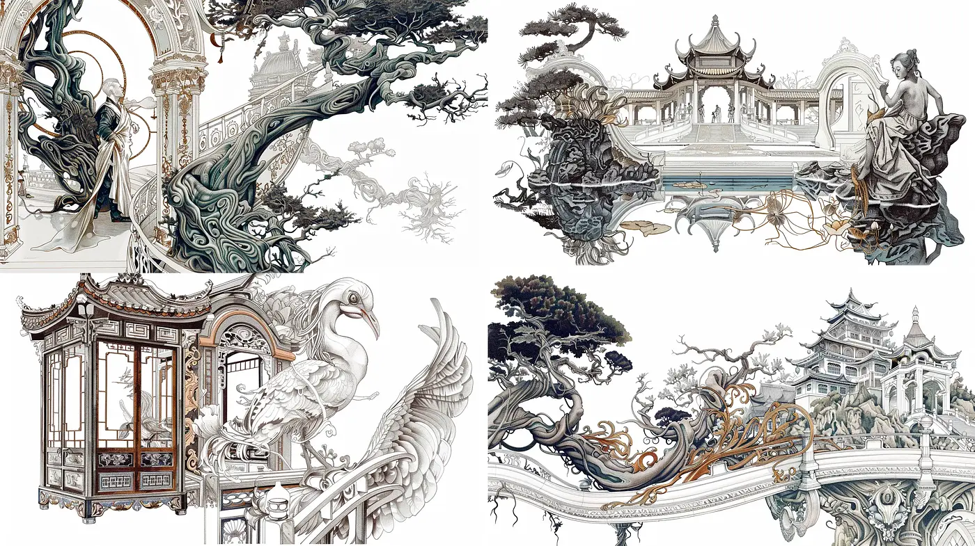 Ethereal Fusion of Traditional Asian Ink Art and Baroque Opulence - Midjourney sref style