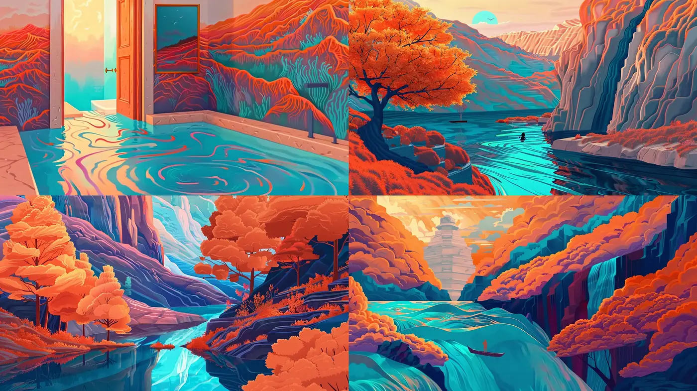 Surreal Autumnal Dreamscape in Vivid Hues - Midjourney sref style