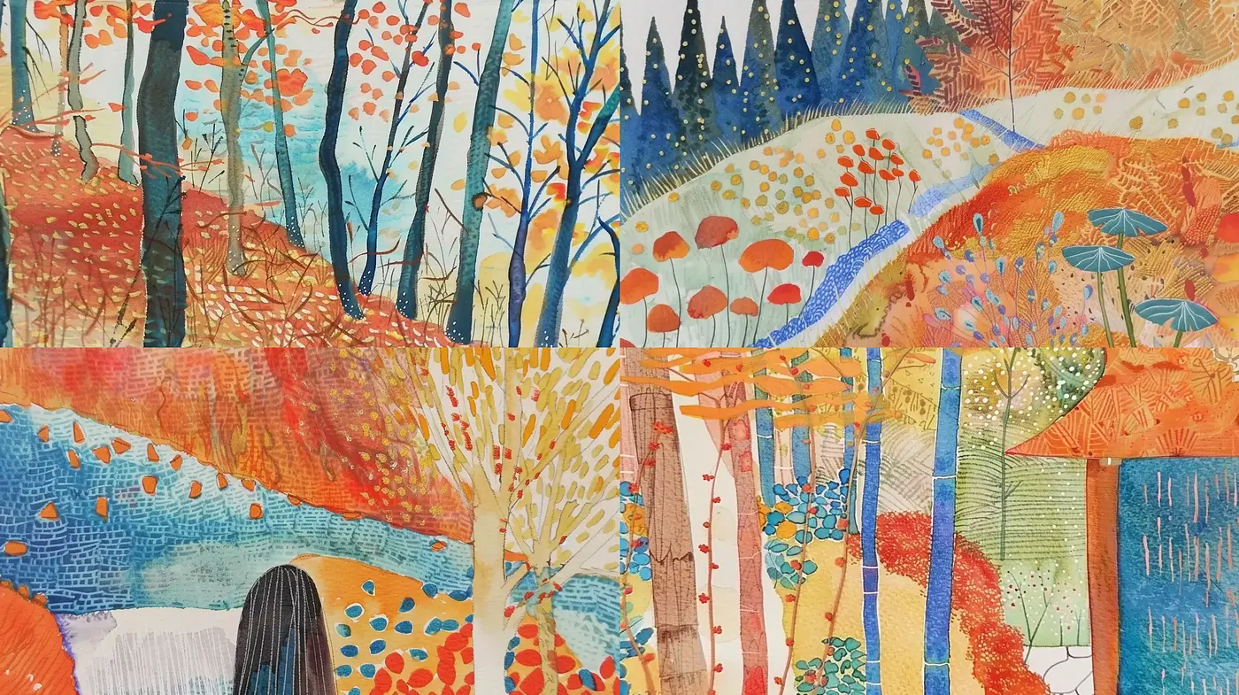 Whimsical Textured Forest Tapestry in Warm Seasonal Hues - Midjourney sref style