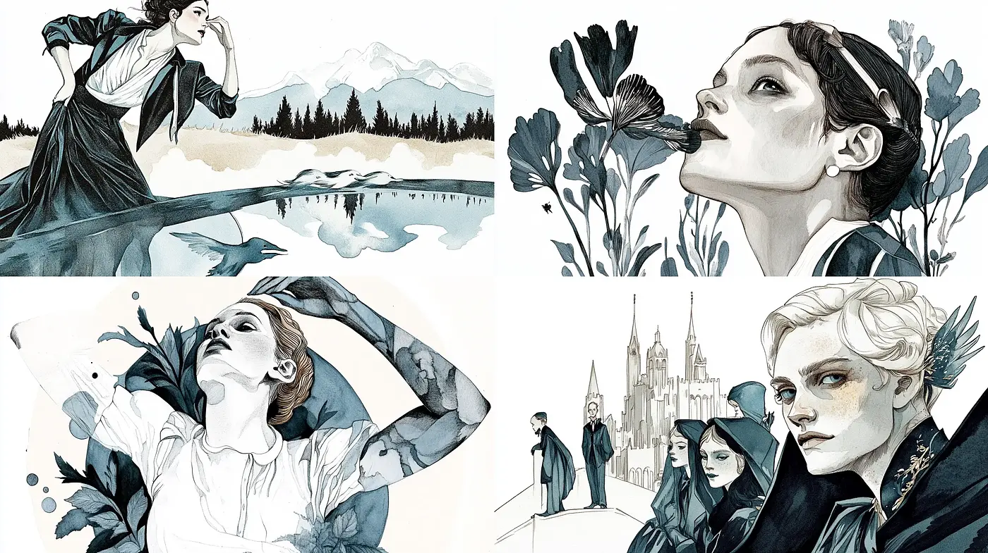 Ethereal Elegance in Monochrome and Sapphire Hues - Midjourney sref style