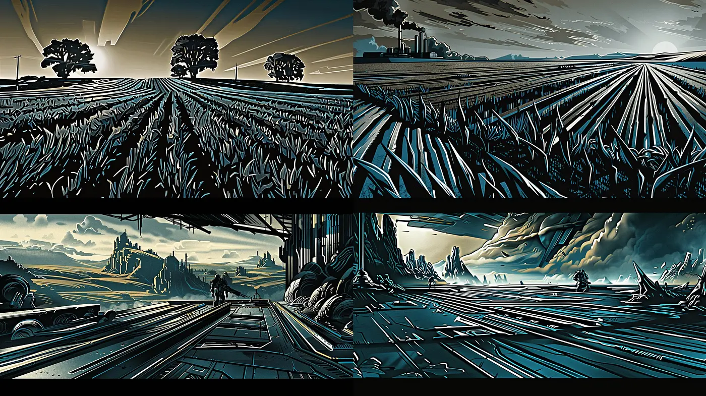 Vibrant Dichotomy of Serenity and Dynamism in Stylized Landscape Illustrations - Midjourney sref style