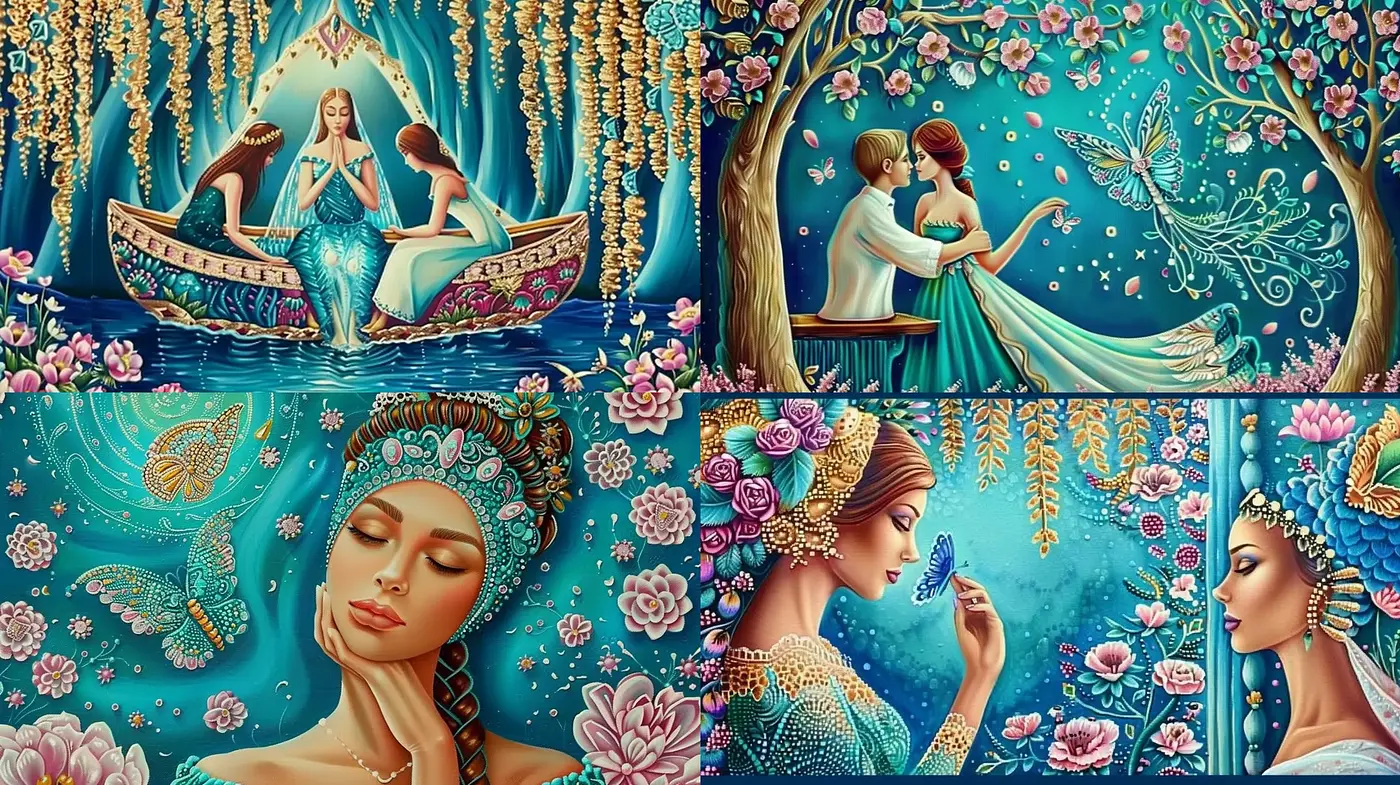 Enchanted Teal Dreamscape: A Fusion of Fantastical Art Nouveau and Vibrant Mythology - Midjourney sref style
