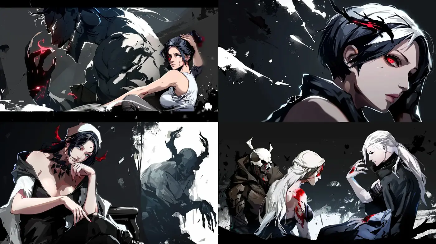 Dynamic Noir-Influenced Anime Aesthetic with a Splash of Red - Midjourney sref style