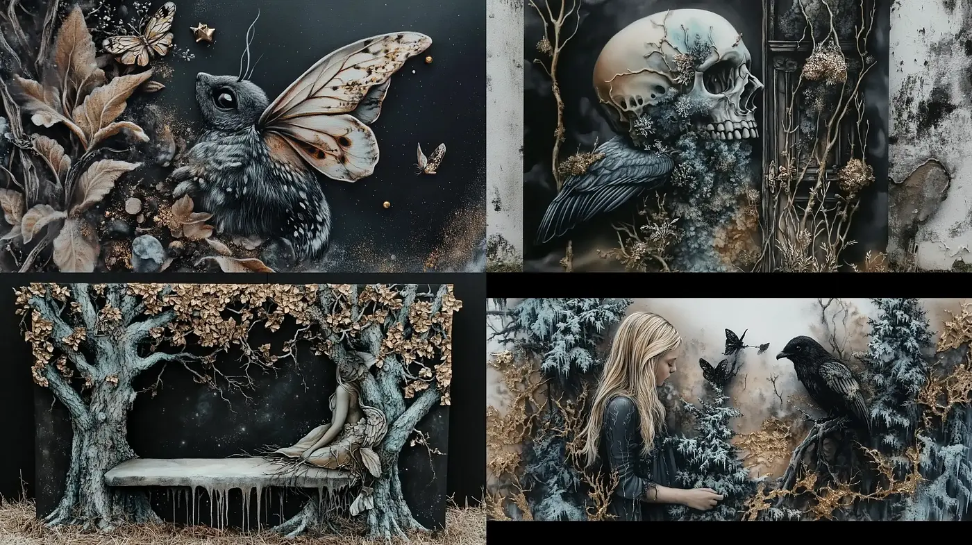 Gothic Enchantment: A Fusion of Foreboding Elegance and Nature's Mystique - Midjourney sref style