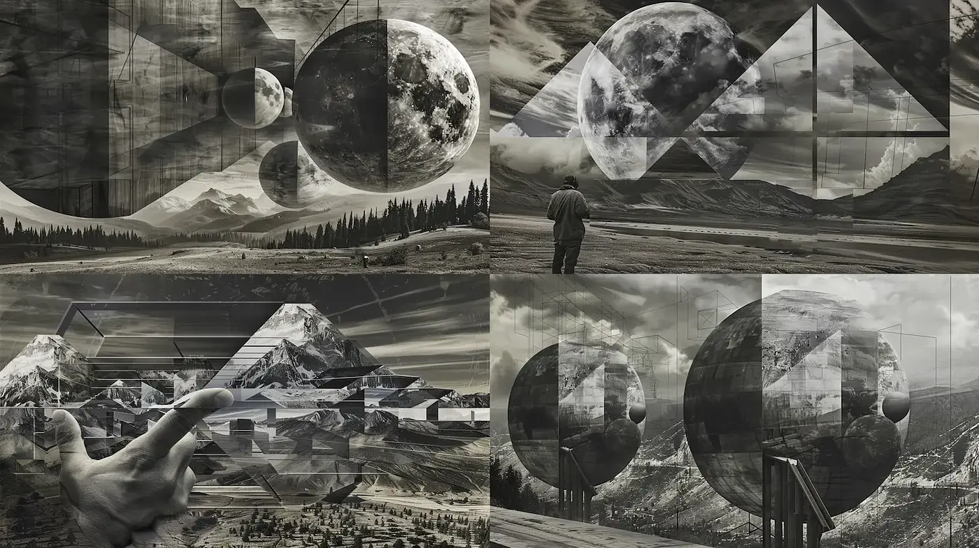 Surreal Geometric Landscape with Monochromatic Elements - Midjourney sref style