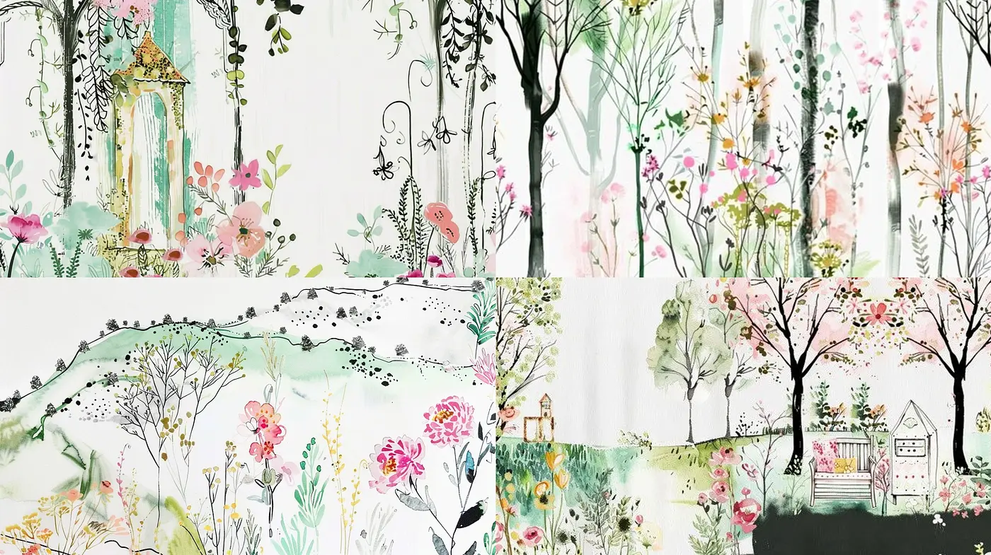 Whimsical Botanical Dreamscape: A Fusion of Watercolor Delicacy and Ink Detailing - Midjourney sref style