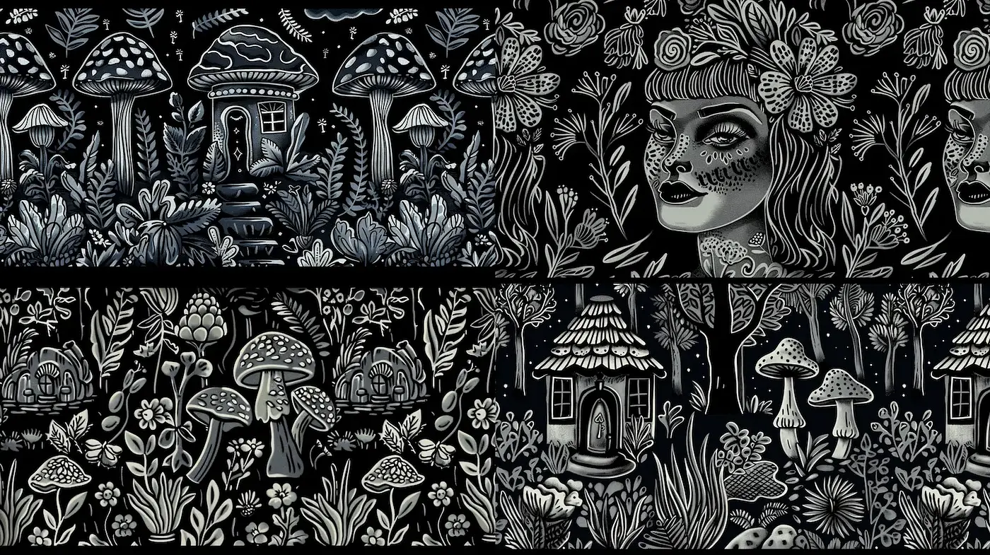 Dark Enchanted Forest with Whimsical Elements - Midjourney sref style