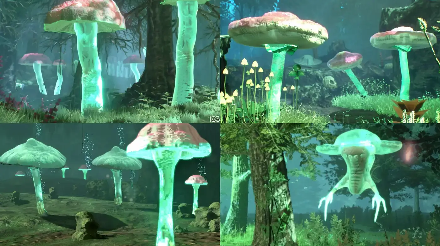 Surreal Bioluminescent Forest Imagery with Ethereal Elements - Midjourney sref style