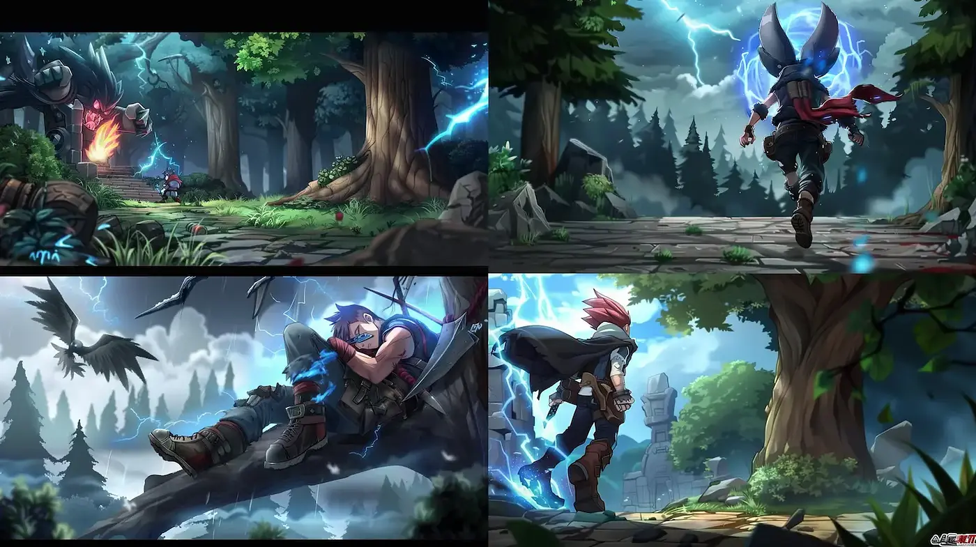 Dynamic Fantasy Landscape with Electric Elements and Stylized Characters - Midjourney sref style