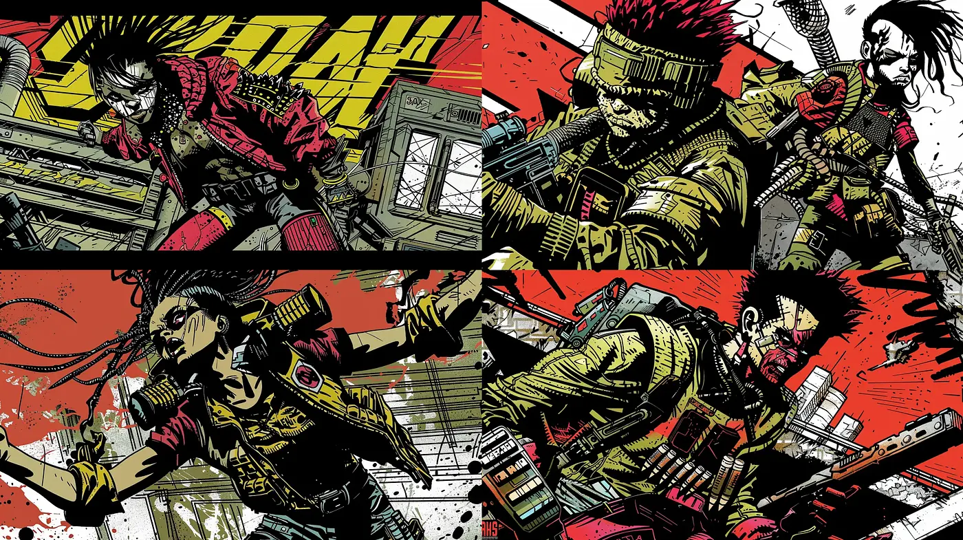 Dynamic Cyberpunk Graphic Novel Aesthetic with a Gritty Overprint Quality - Midjourney sref style