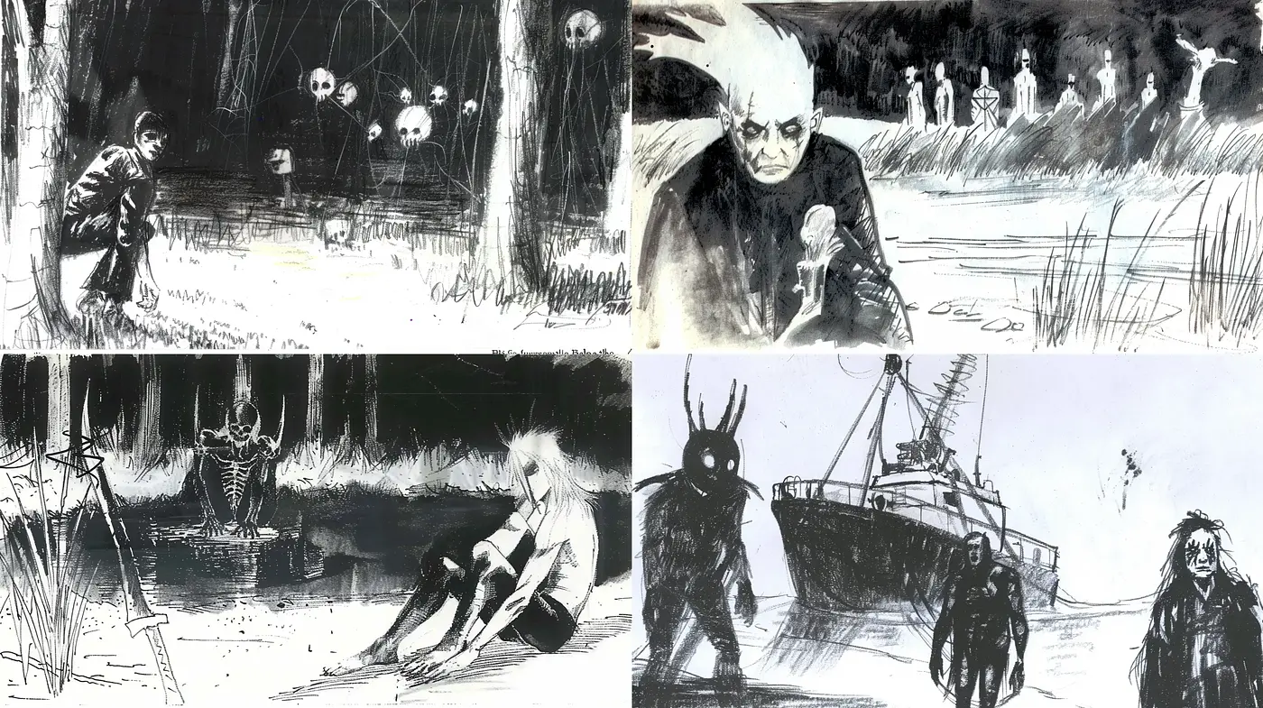Haunting Noir Brushwork in Monochrome - Midjourney sref style