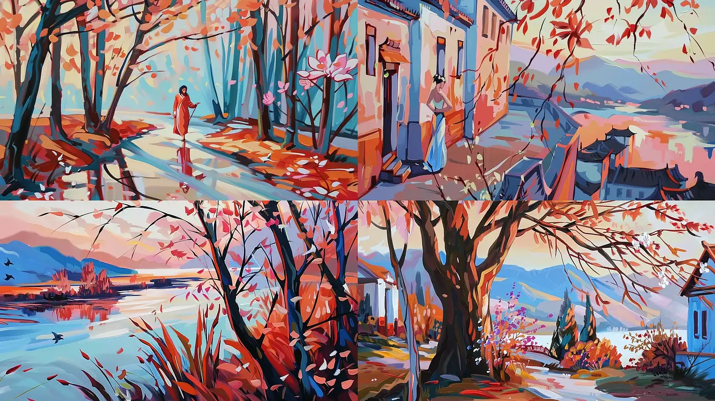 Luminous Twilight Hues: A Consistent Expression of Serene Landscapes with Vivid Textures - Midjourney sref style
