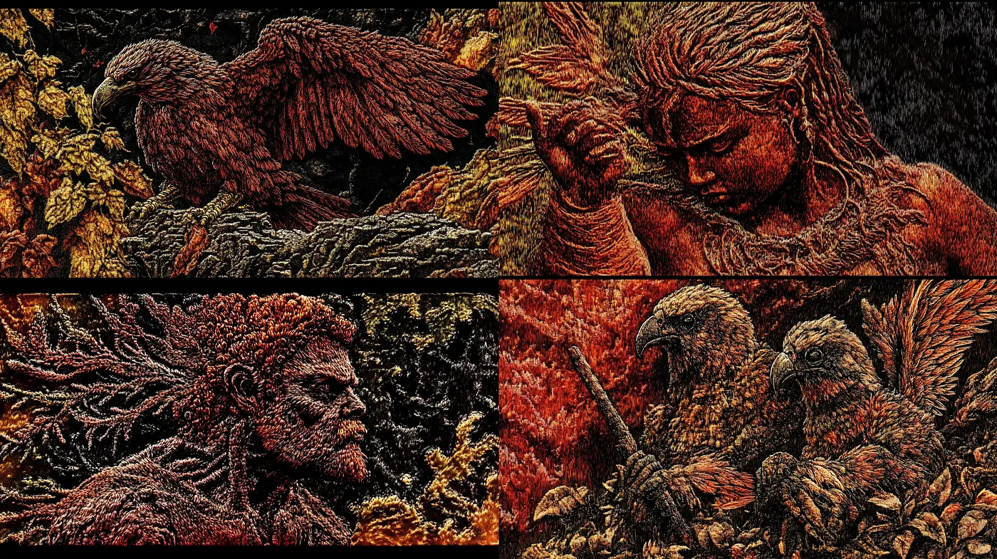 Fiery Textured Tapestry of Mythical Narratives - Midjourney sref style