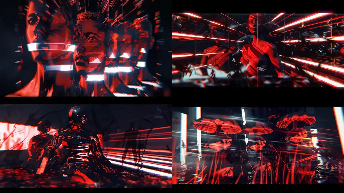 Dynamic and Surreal Visual Composition with High Contrast and Depth - Midjourney sref style