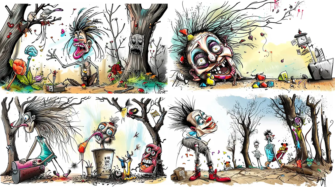 Eccentric Whimsy: A Fusion of Exaggerated Caricature and Surrealist Imagery - Midjourney sref style