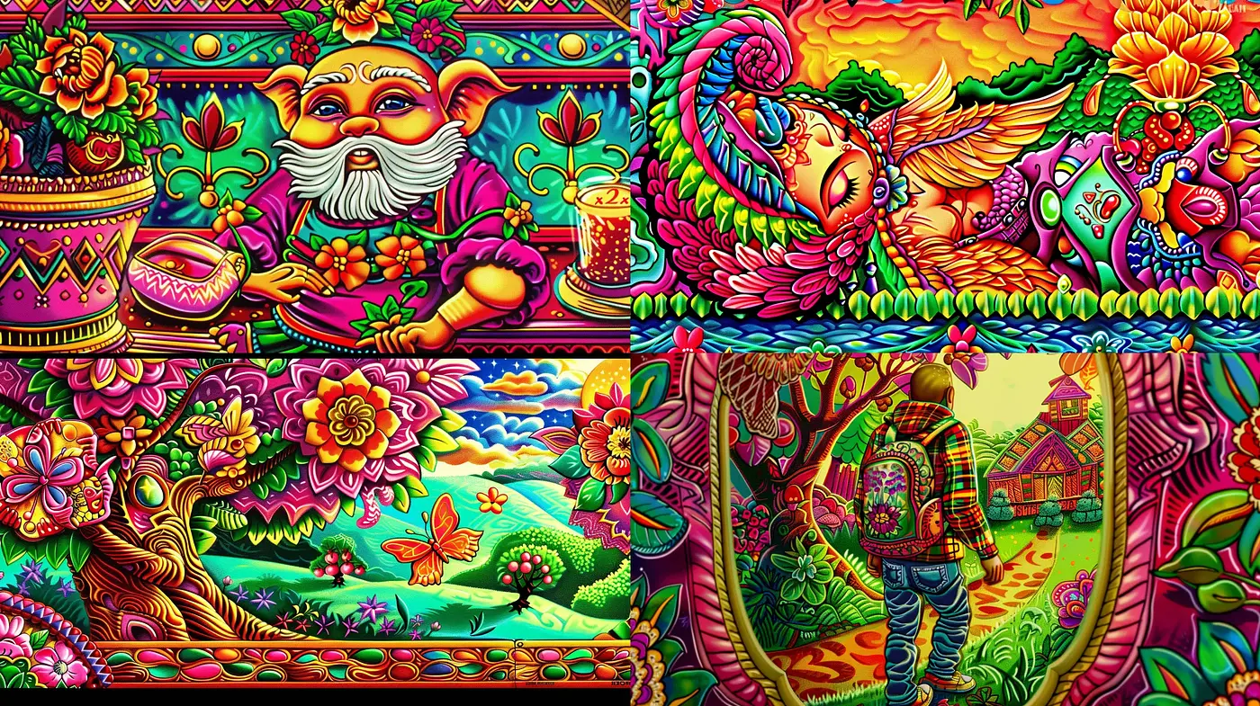Kaleidoscopic Carnival of Vivid Hues and Psychodelic Patterns - Midjourney sref style