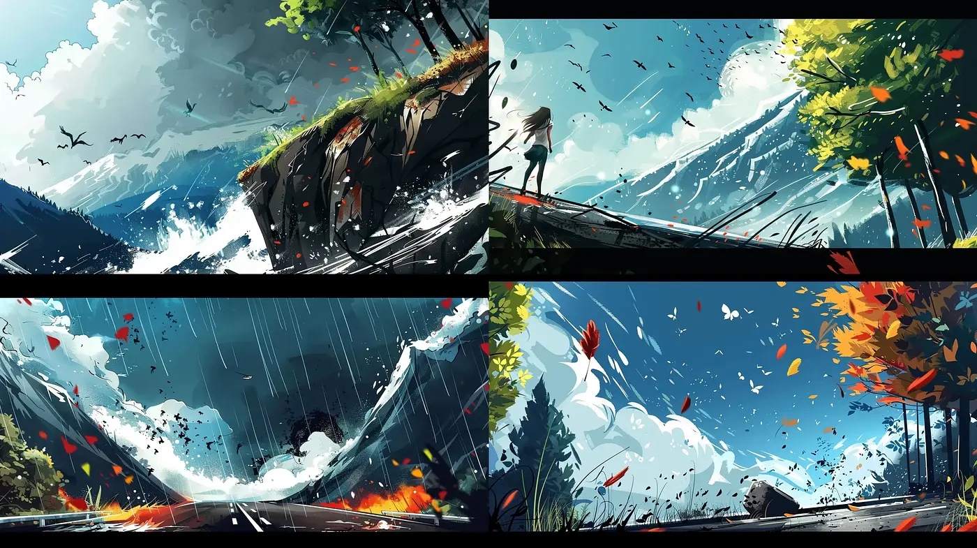 Dynamic Brushwork in Vivid Landscape Illustrations - Midjourney sref style