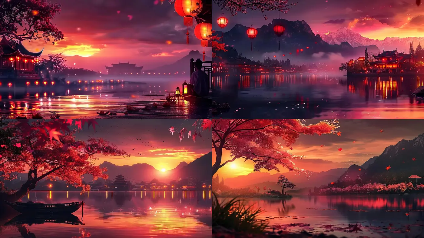 Twilight Serenity: A Harmonious Fusion of East Asian Inspired Aesthetic with Vibrant Sunset Hues - Midjourney sref style