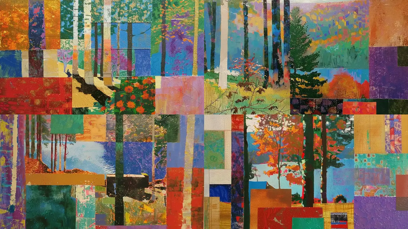 Patchwork of Saturated Hues: A Tapestry of Abstract Forest Landscapes - Midjourney sref style
