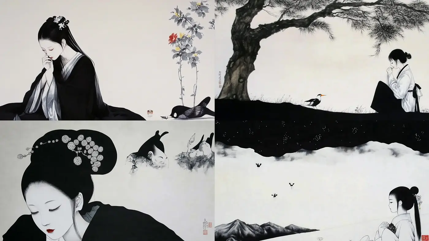 Elegant Tranquility: A Homage to Traditional East Asian Ink Wash Aesthetic - Midjourney sref style