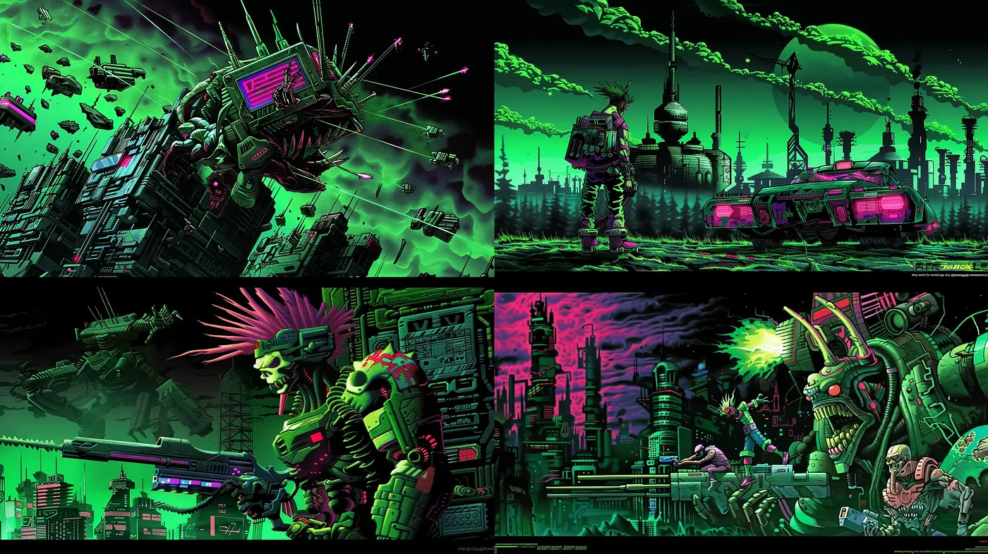 Neon Dystopia: A Cyberpunk Homage with Vivid Contrasts and Rich Details - Midjourney sref style