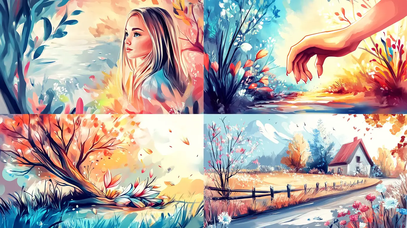 Vibrant Pastoral Dreamscapes: A Fusion of Warm Tones and Idyllic Whimsy - Midjourney sref style