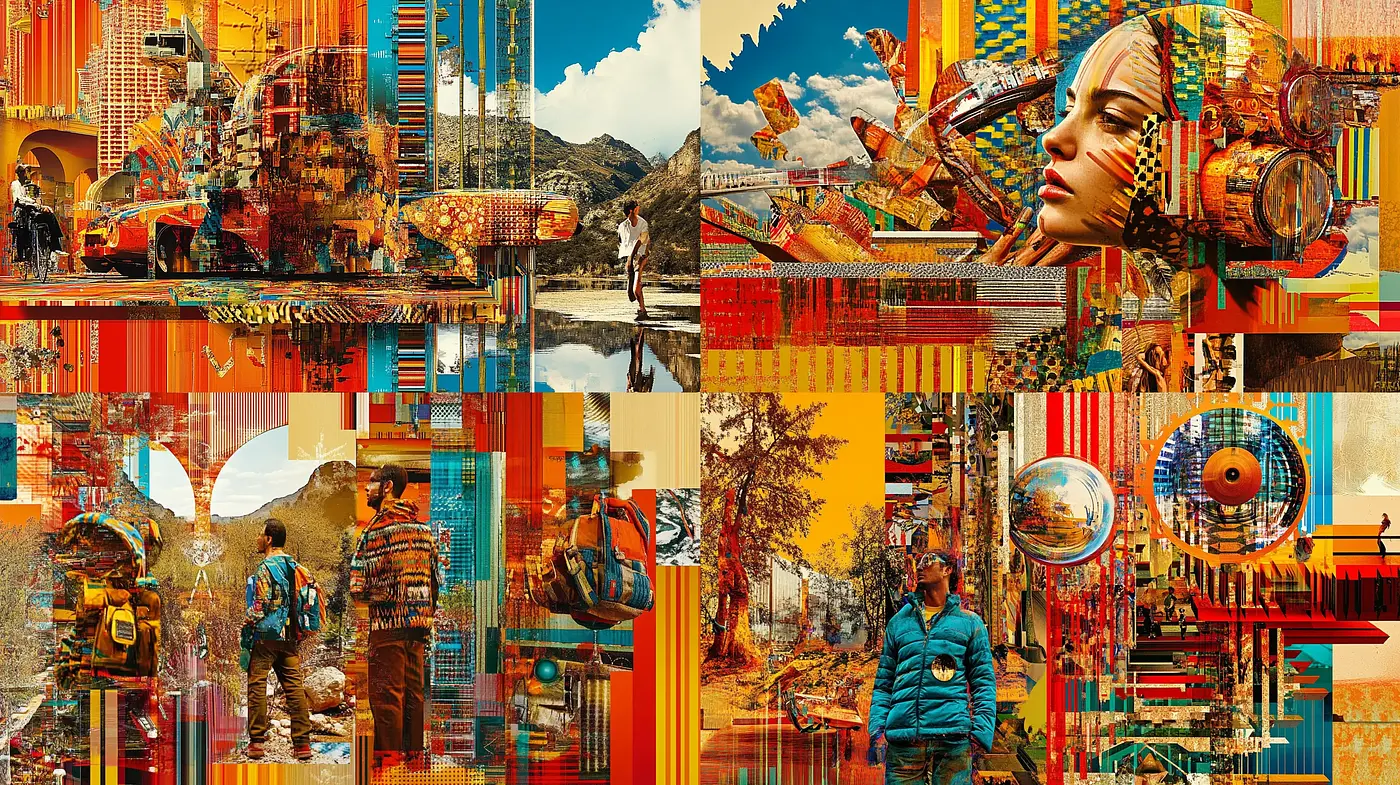Futuristic Mechanical Collage with Retro Tones and Surreal Landscapes - Midjourney sref style