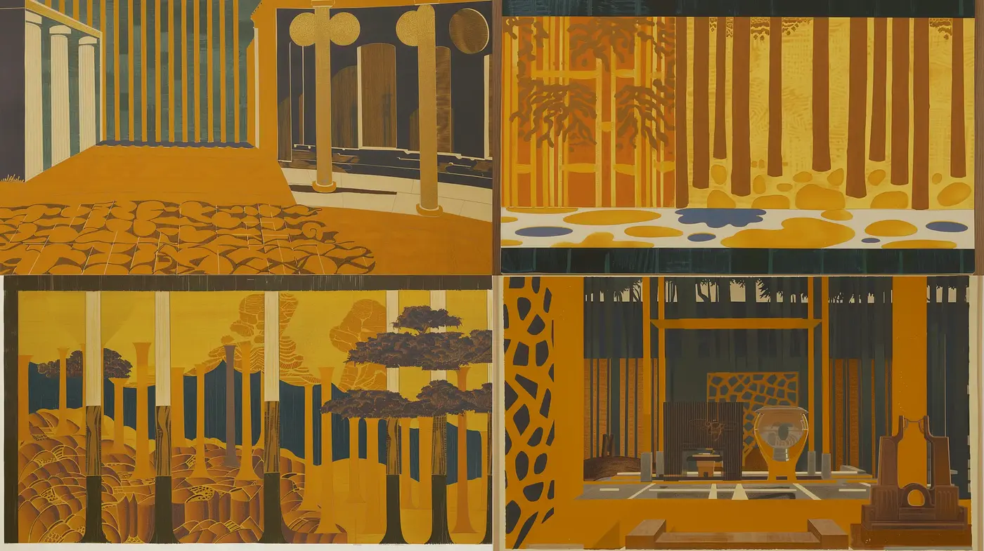 Amber Hues of Stylized Symmetry: Exploring Geometric Expressionism - Midjourney sref style