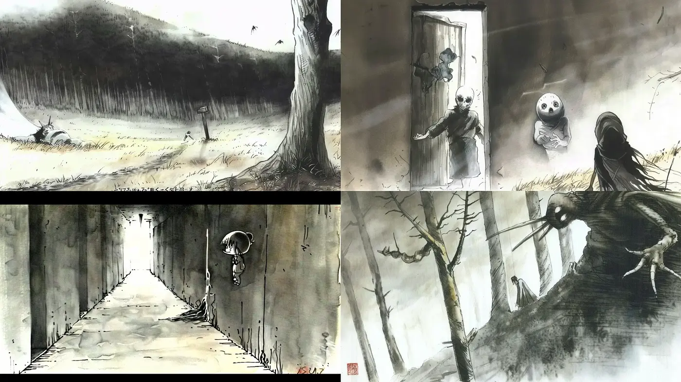 Ethereal Macabre Watercolor Dreamscapes - Midjourney sref style