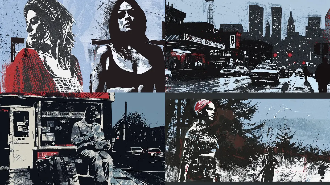 Urban Noir Expressionism: A Study in Textured Red and Monochrome - Midjourney sref style