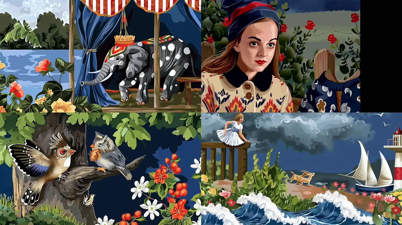 Enigmatic Storybook Fusion with Rich Textures and Lush Sceneries - Midjourney sref style