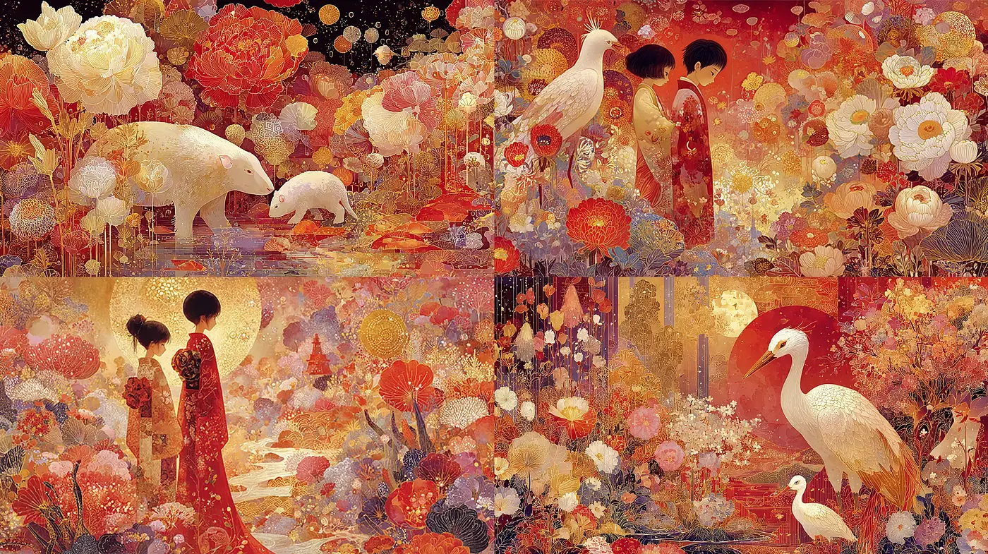 Lush and Dreamy Narrative Scenes with Whimsical Elements - Midjourney sref style