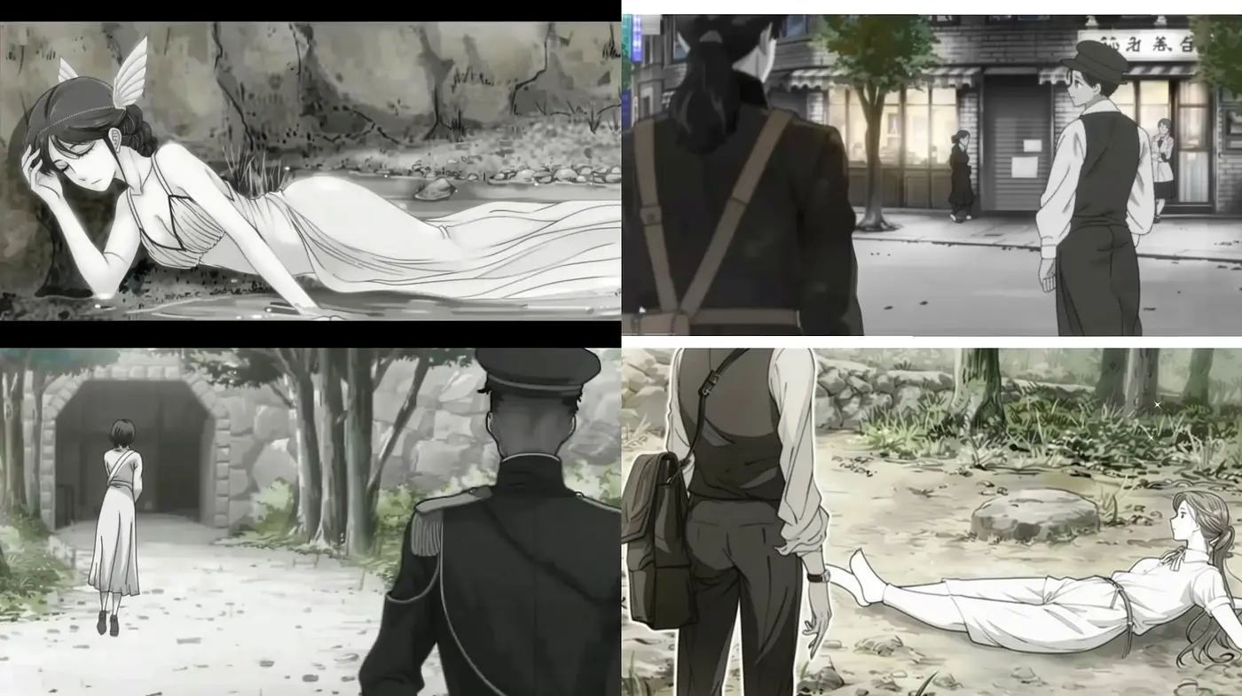 Monochrome Elegy: A Study in Melancholic Anime-Inspired Frames - Midjourney sref style