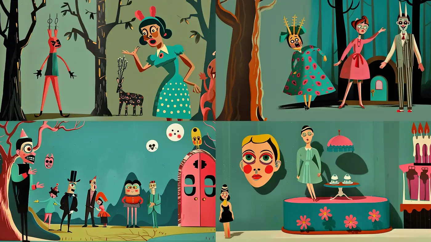 Mid-Century Modern Illustrative Fusion with a Whimsical Twist - Midjourney sref style