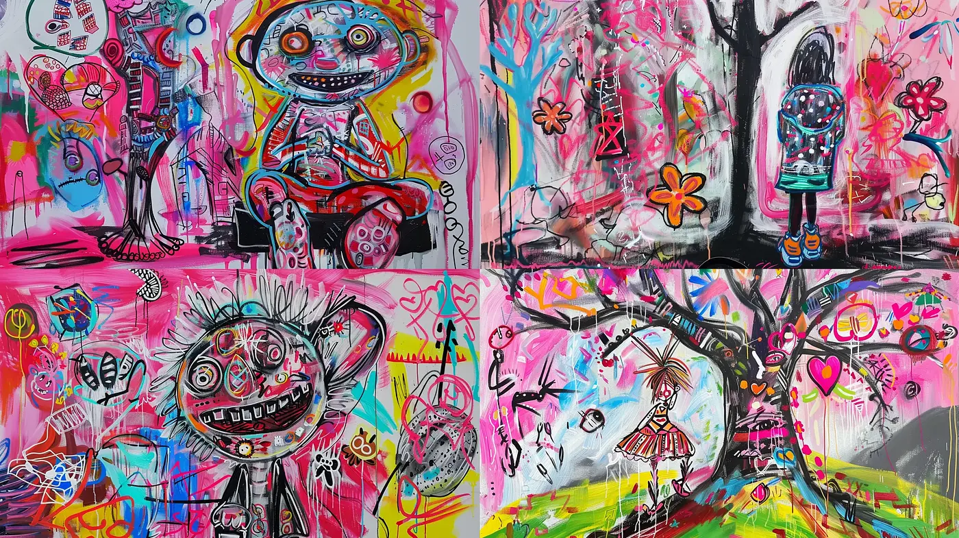 Vibrant Graffiti Art Fusion with Whimsical Storytelling - Midjourney sref style
