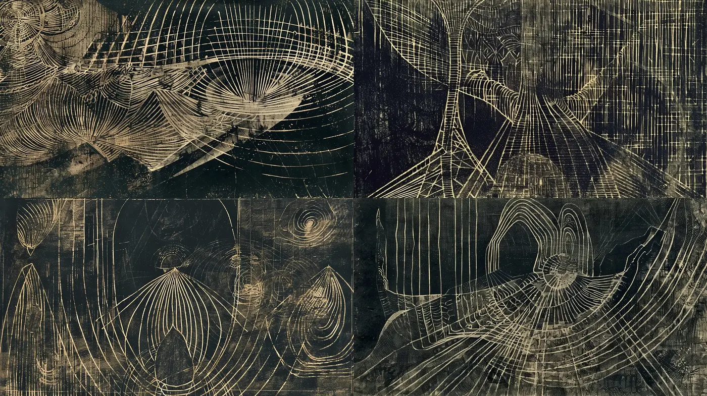 Ethereal Geometric Textures on Dark Canvas - Midjourney sref style