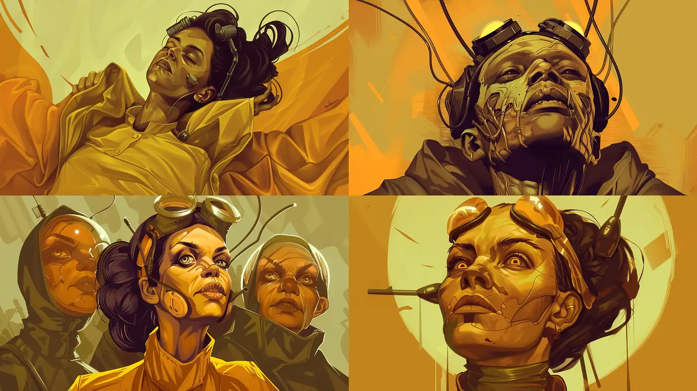 Futuristic Nostalgia in Sepia: Syncopated Shadows and Expressive Faces - Midjourney sref style