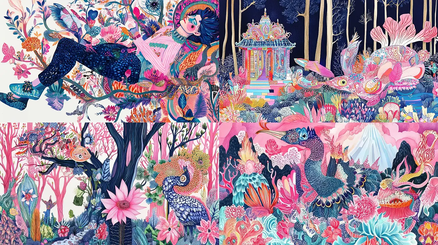 Enchanted Bloom and Fauna: A Tapestry of Vivid Dreamscape Imagery - Midjourney sref style
