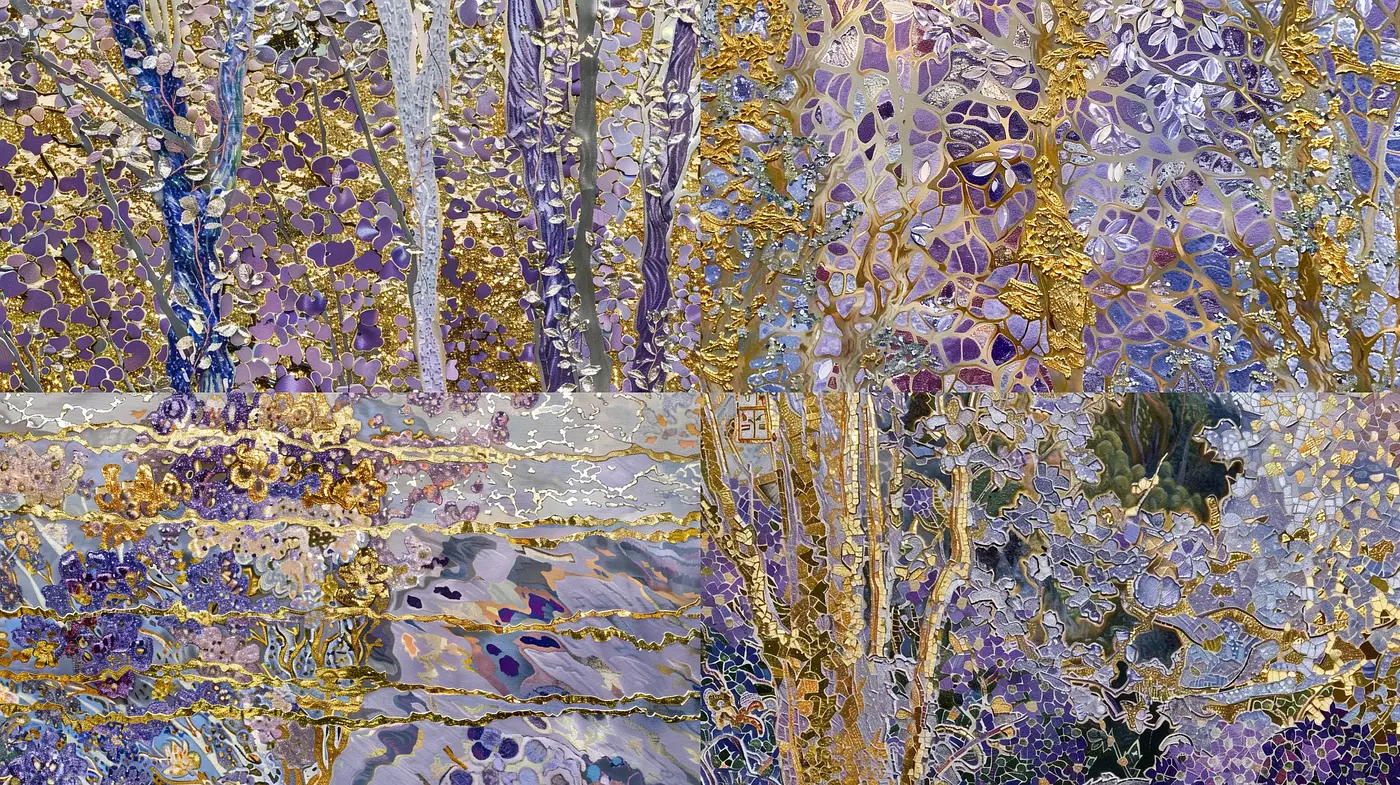 Intricate Golden Textures Amidst Amethyst Hues: A Fusion of Nature and Art Nouveau - Midjourney sref style
