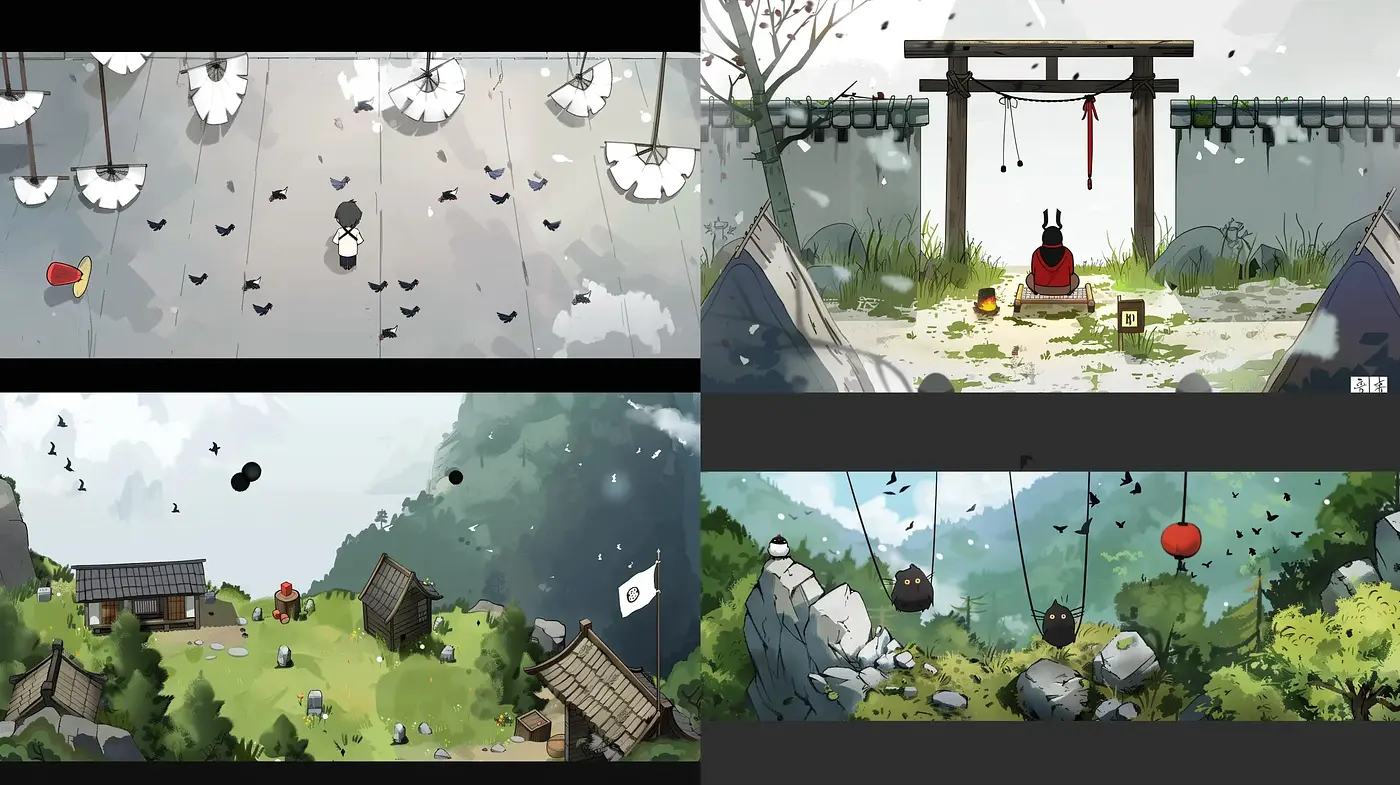 Tranquil Scenes with Stylized Anime Essence and Nature Motifs - Midjourney sref style