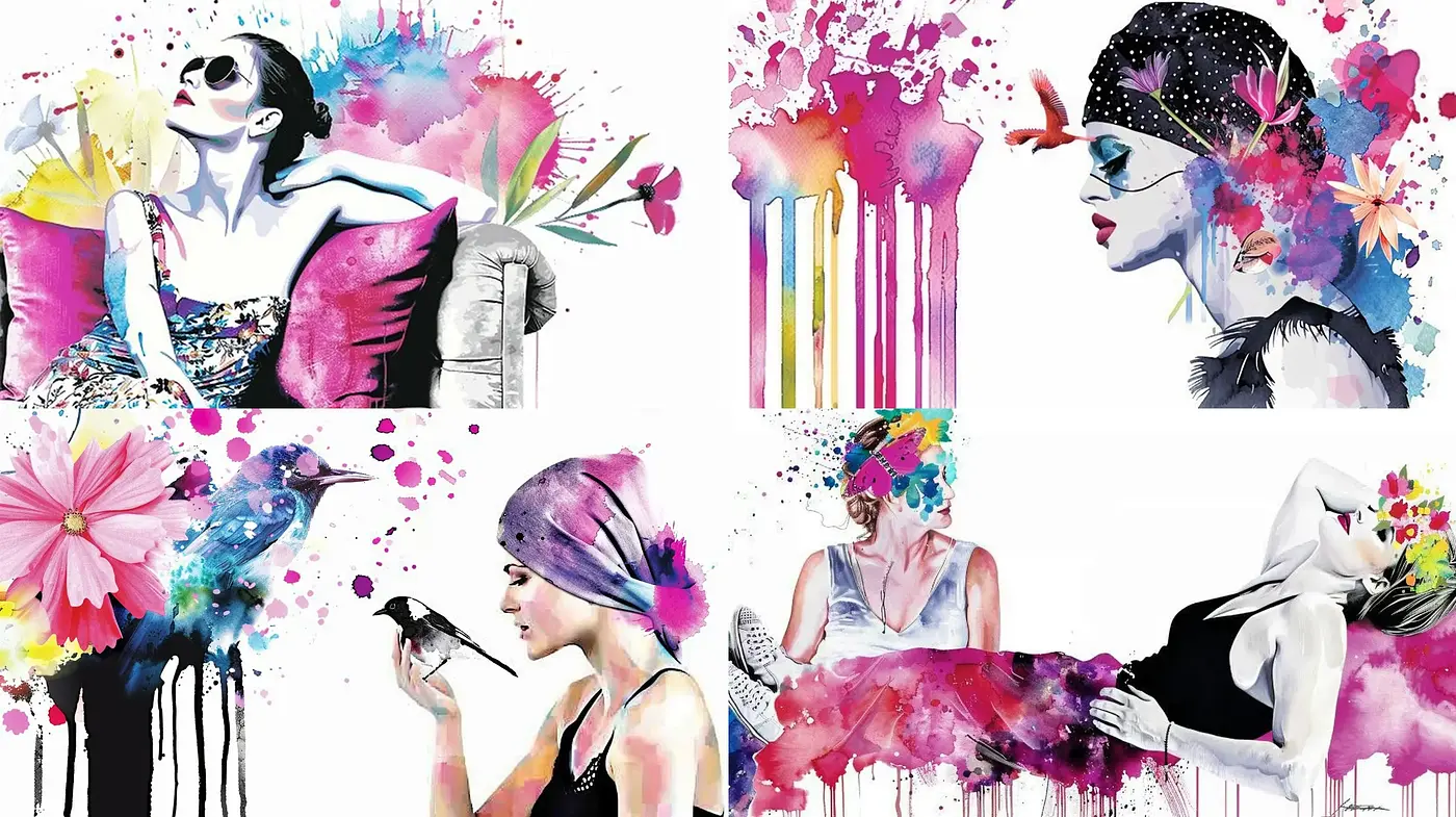 Ebullient Fusion of Watercolor Vivacity and Ink Splatter - Midjourney sref style
