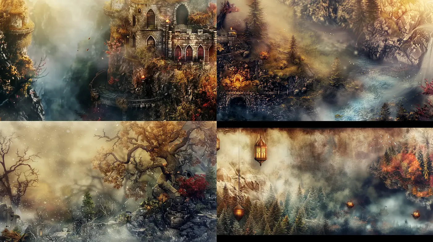 Ethereal Dreamscape Fusion with a Vintage Fantasy Essence - Midjourney sref style