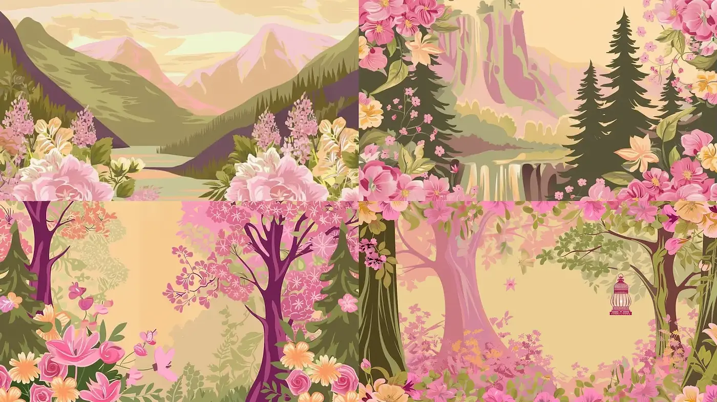 Serene Floral Landscapes with a Warm Pastel Aesthetic - Midjourney sref style