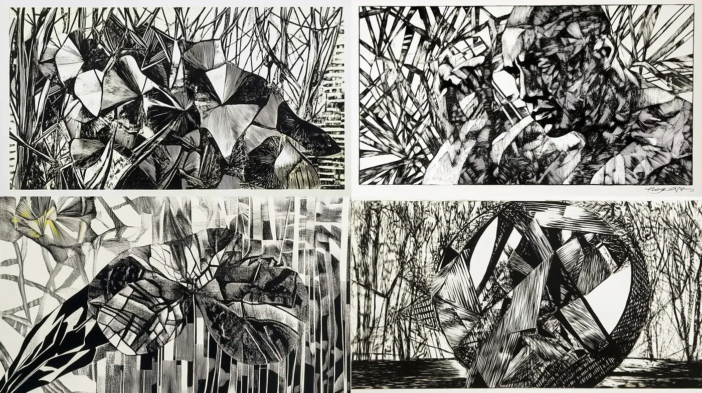Contrasting Angular Abstraction in Monochromatic Hues - Midjourney sref style