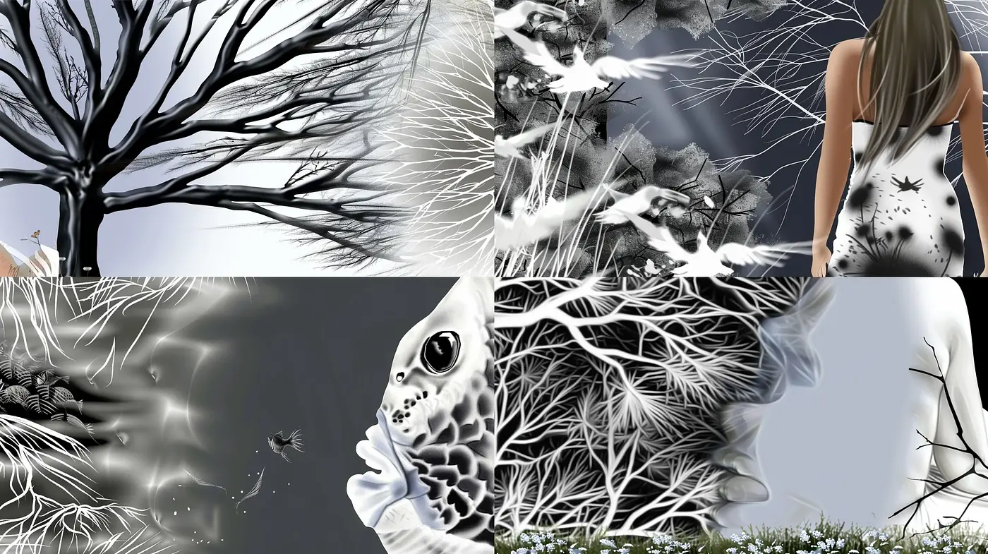 Surreal Monochrome Dreamscape with Ethereal Textures and Organic Forms - Midjourney sref style