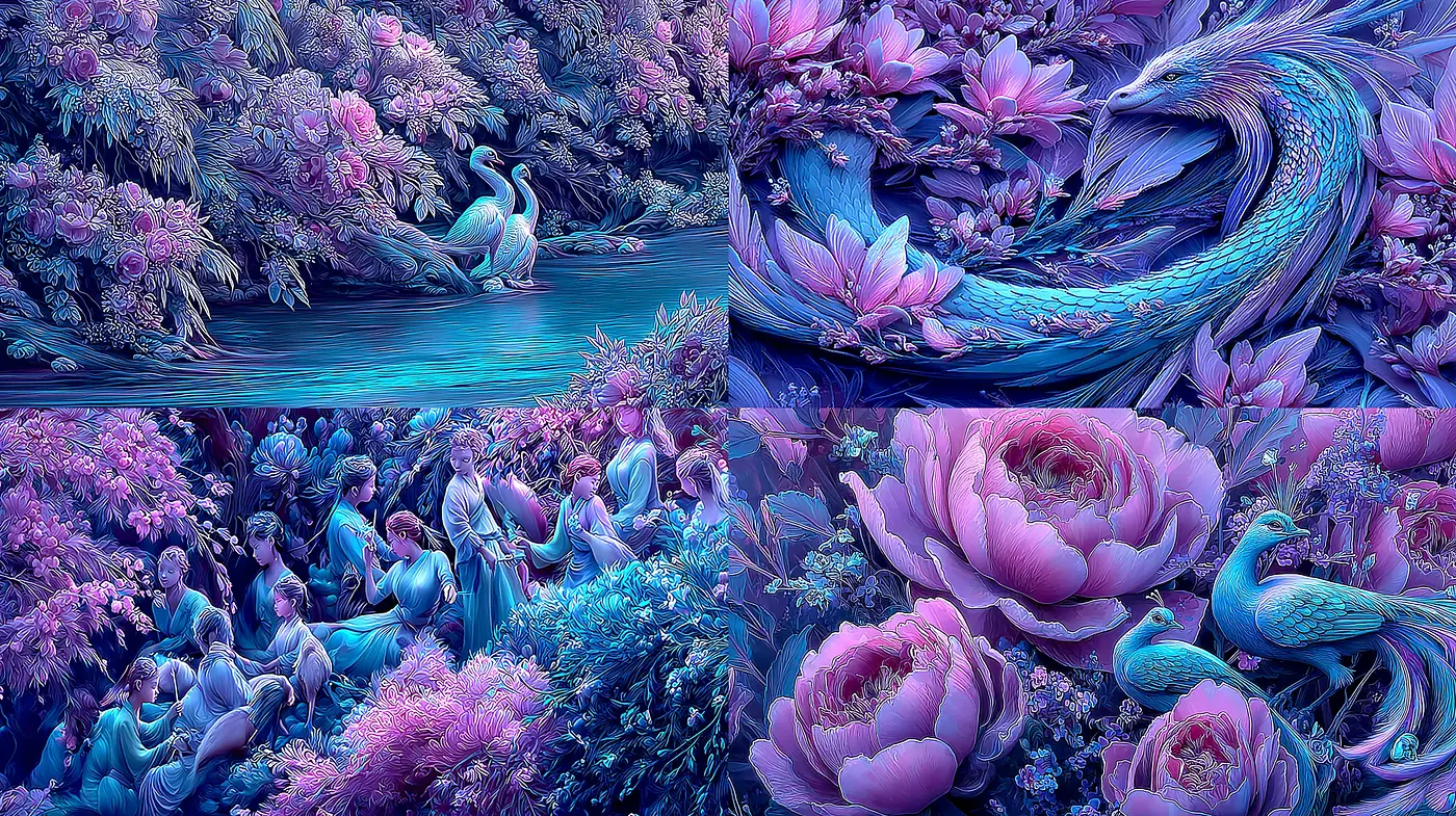 Surreal, ethereal landscapes with intricate floral arrangements and mythical elements - Midjourney sref style