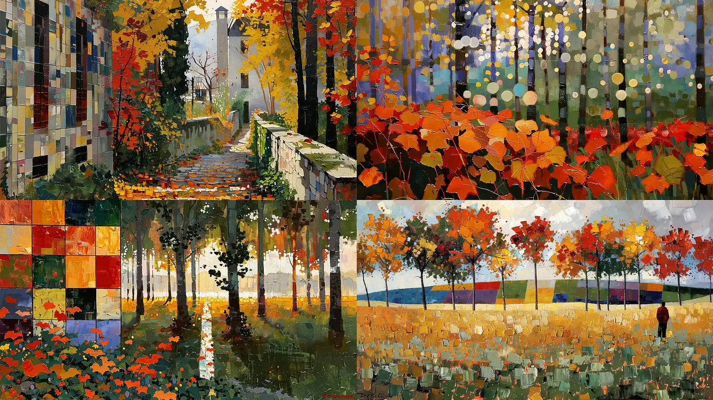 Autumn mosaic: Reflective medley of nature in segmented textures - Midjourney sref style