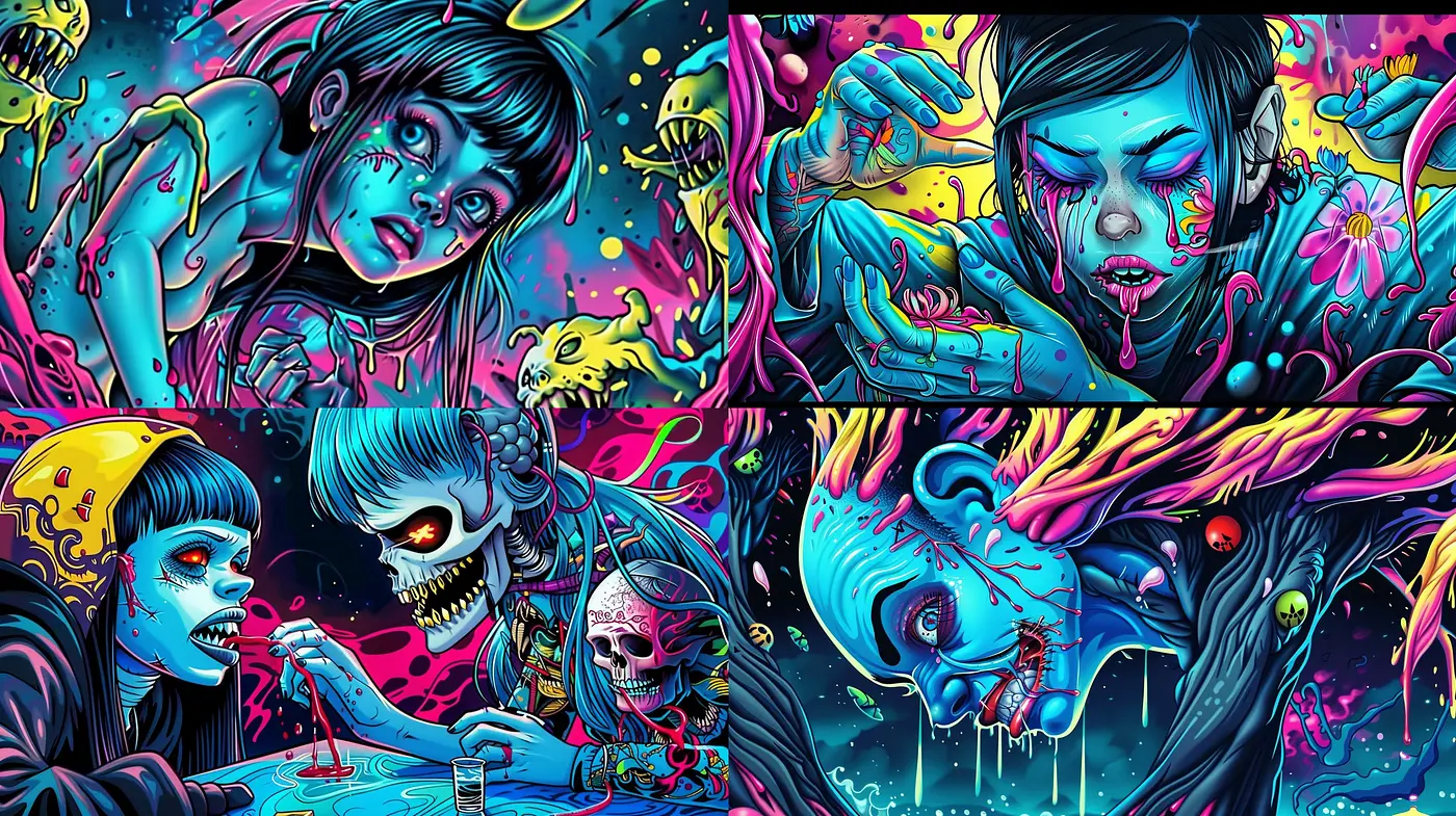 Psychedelic Neon Horror: A Vivid and Intense Display of Supernatural Chill - Midjourney sref style