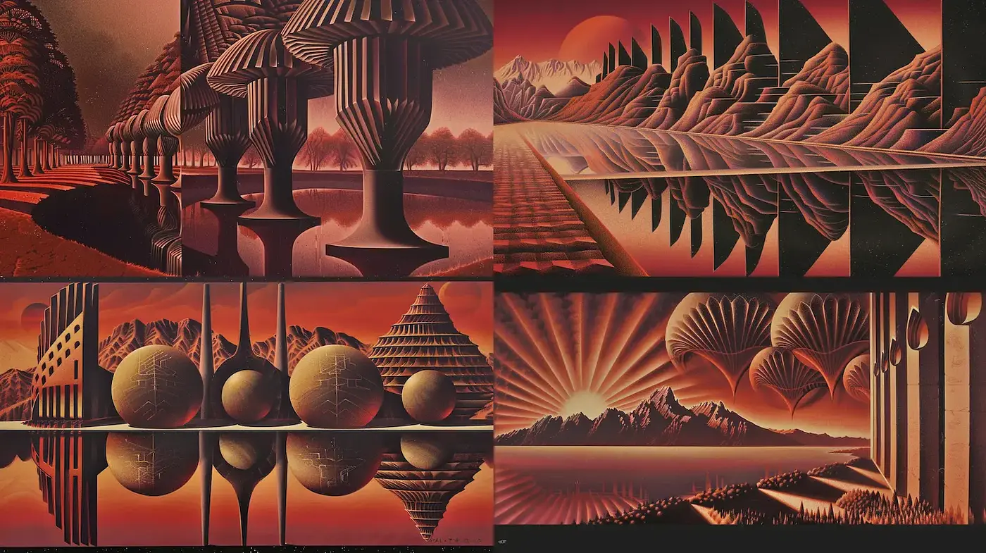 Surreal geometric landscapes with a retro-futuristic vibe - Midjourney sref style