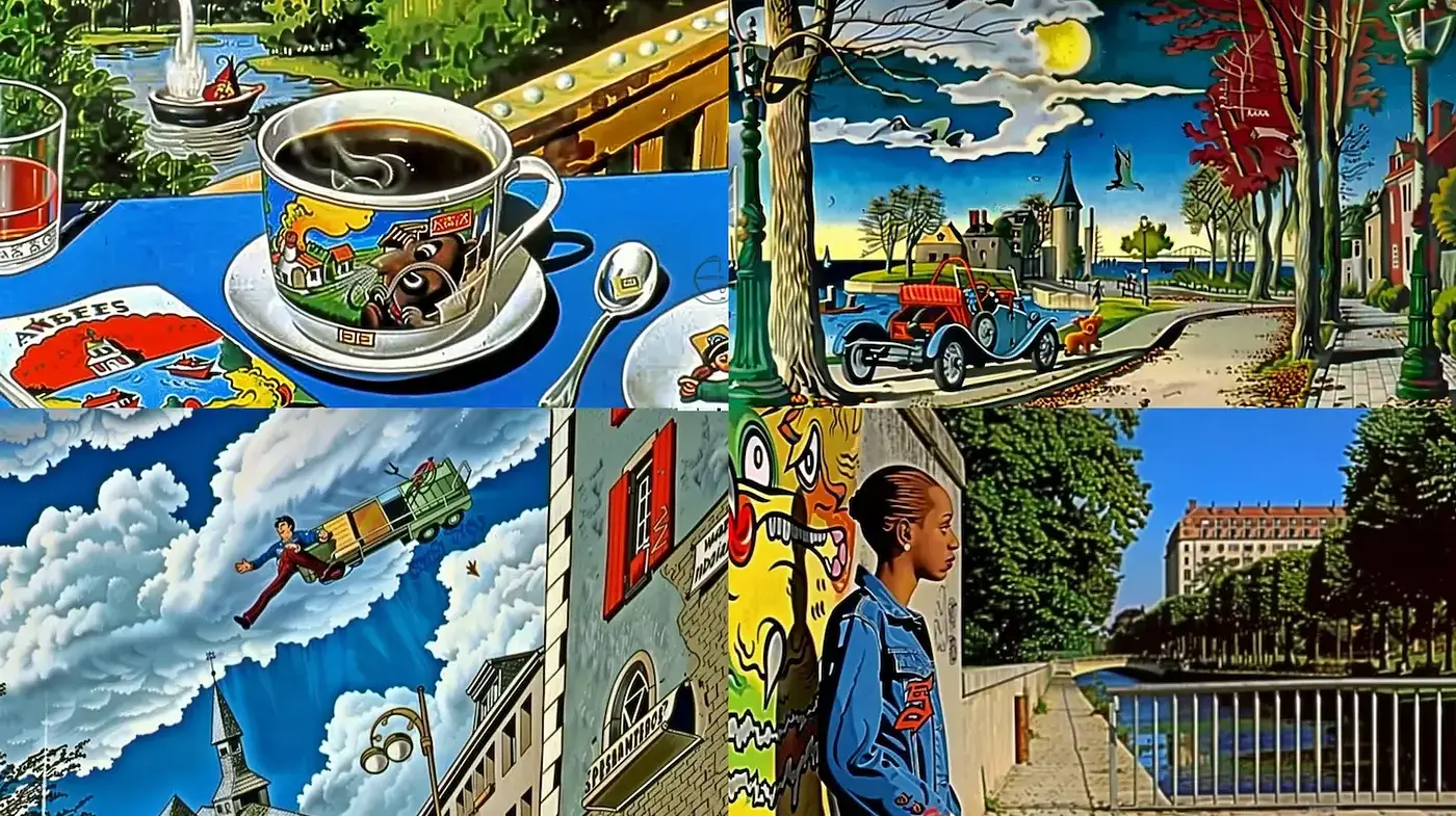 Vibrant and Playful Artistic Expression with Urban and Nature Themes - Midjourney sref style